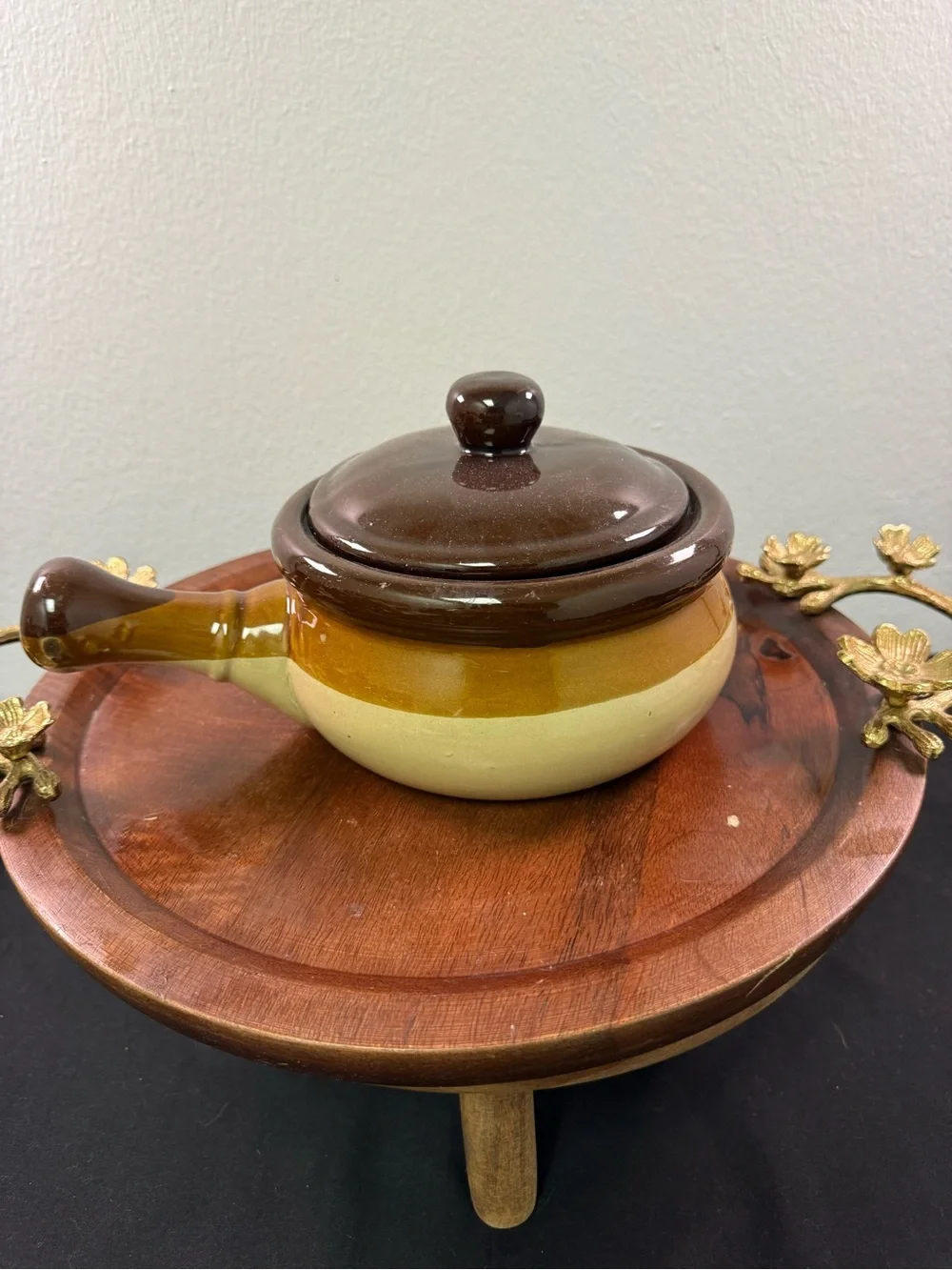 Vintage 2-Tone Glazed Stoneware Handeld Soupbowl and Lidded Crock